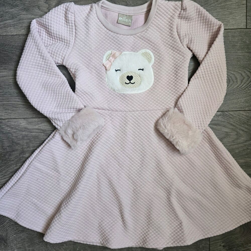 ​Milon Girls Size 6 Pink Quilted Knit Faux Fur Cuff Bear Sweater Dress Long Slv